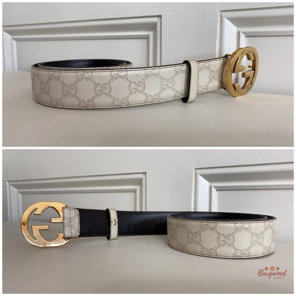 Authentic Gucci Cream Guccissima Leather Gold Interlocking G Buckle Belt 80/32 - Picture 11 of 12